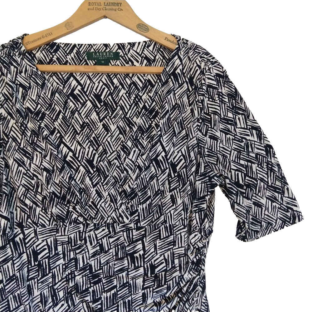Lauren Ralph Lauren V Neck Sheath Dress Size 14 Blue White Surplice Half Sleeve - Picture 2 of 9